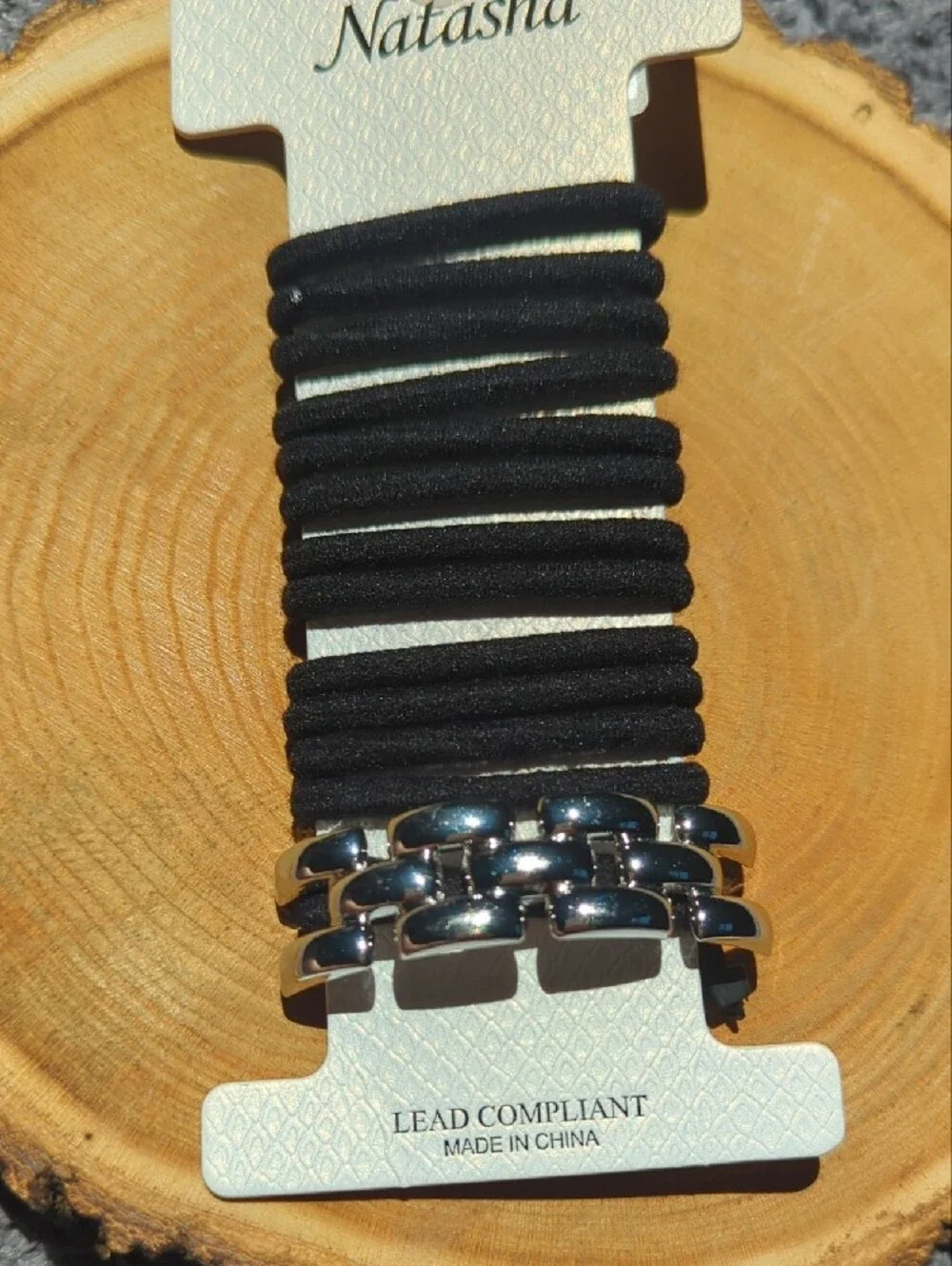 Natasha Black Elastic Hair Tie Set with Silver Metal Accent Hair Tie